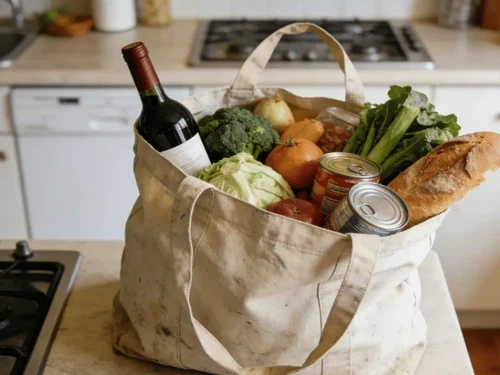 A sturdy canvas tote bag loaded with heavy groceries demonstrating its weight capacity and shape retention under daily use A sturdy canvas tote bag loaded with heavy groceries demonstrating its weight capacity and shape retention under daily use
